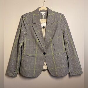 Free Assembly Plaid Black & White Cotton Blazer with Green Accents Medium NEW